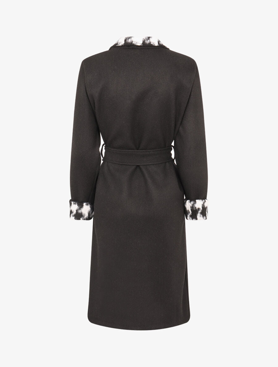 Veste longue à revers imprimé pied de poule - Noir - 2