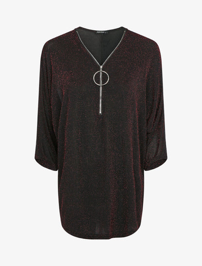 Top dolman pailleté à encolure zippée - Rouge - 1
