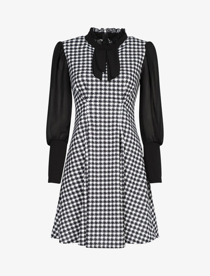 Robe imprimé pied de poule à col lavallière - Noir - 1