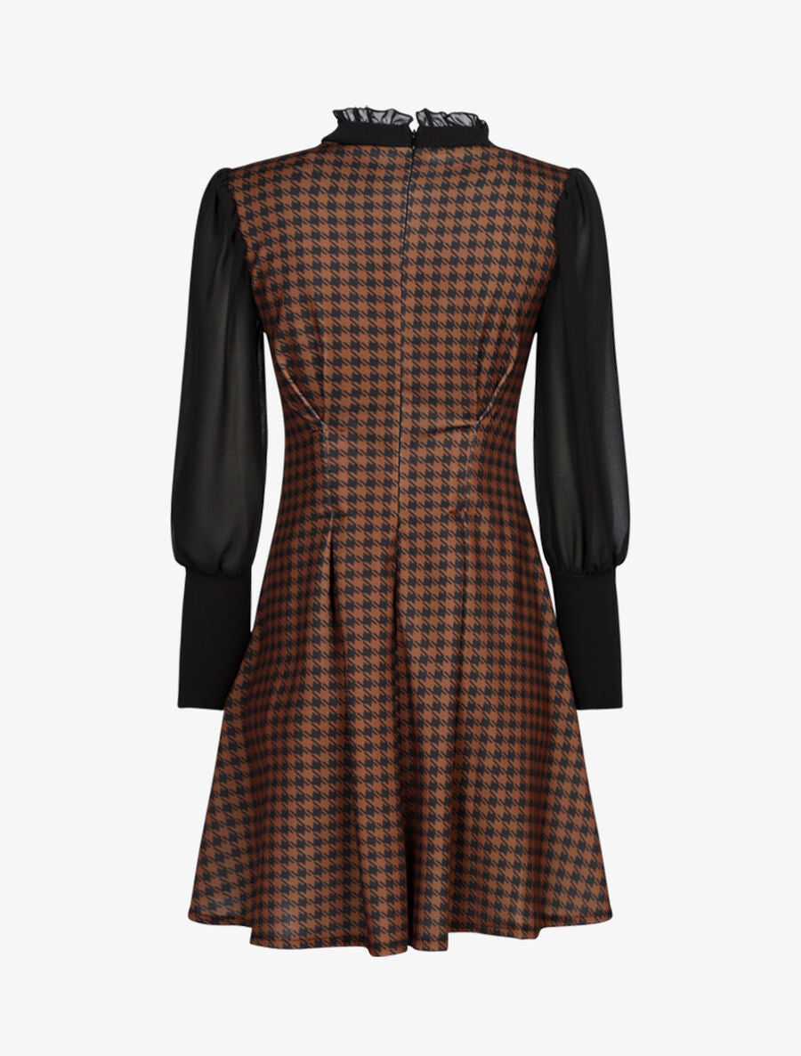 Robe imprimé pied de poule à col lavallière - Marron - 2