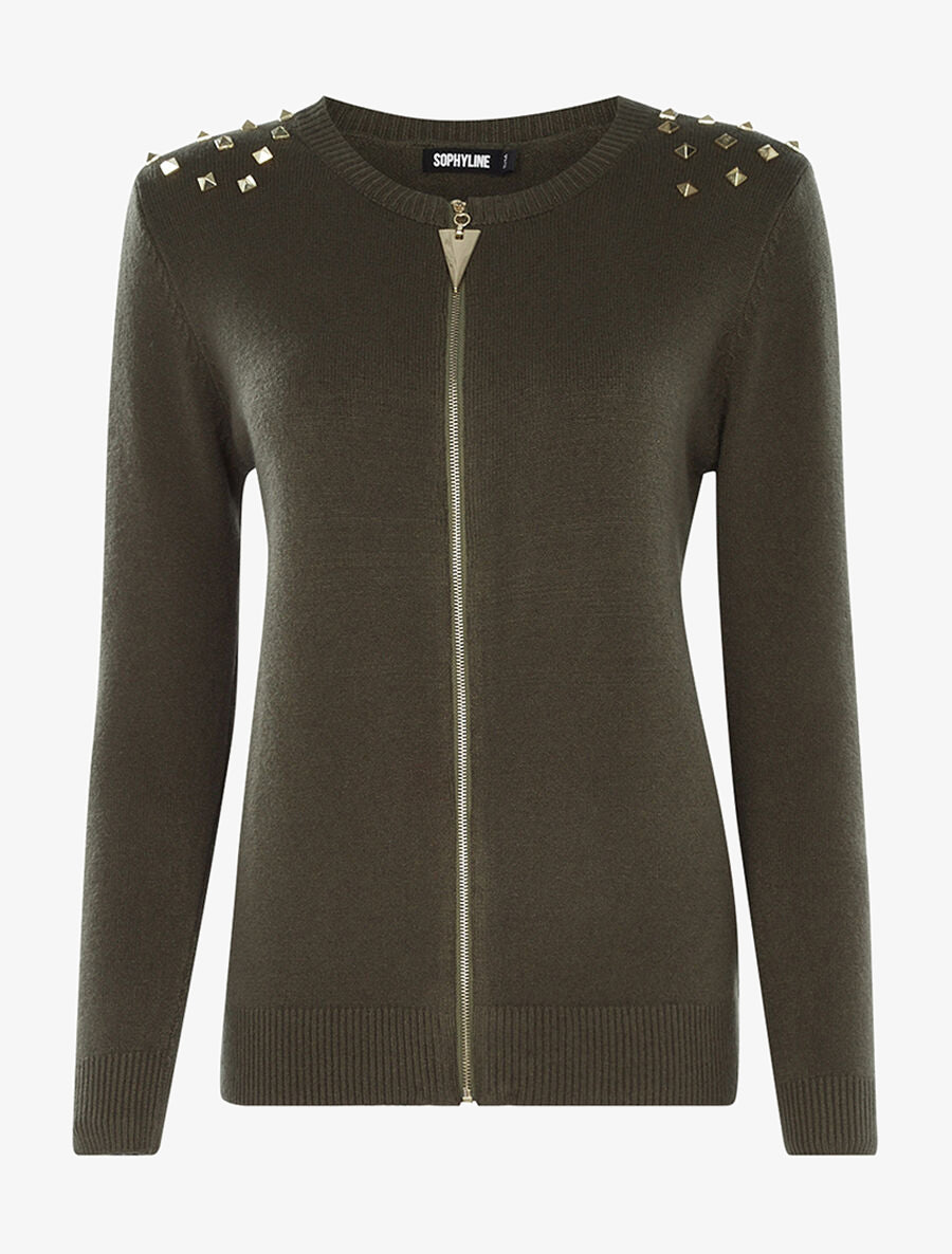 Gilet zippé à épaules cloutées - Gris clair chiné/doré - 1