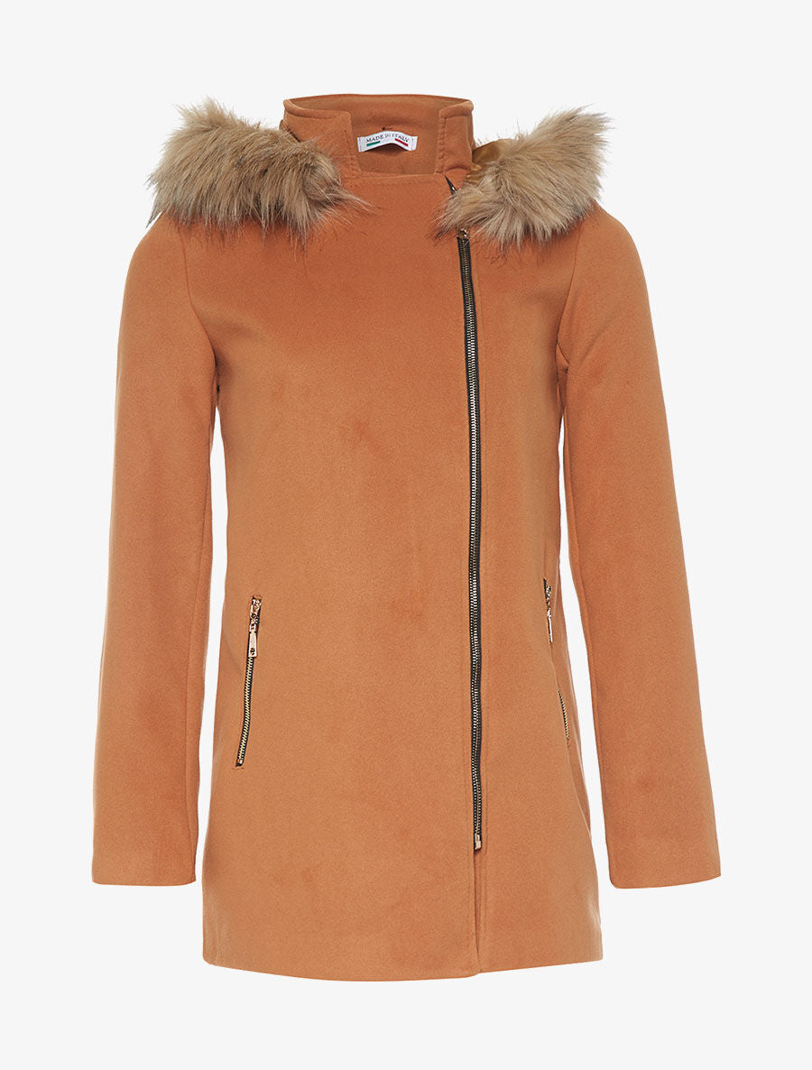 Manteau feutrine basic à capuche - camel - 1