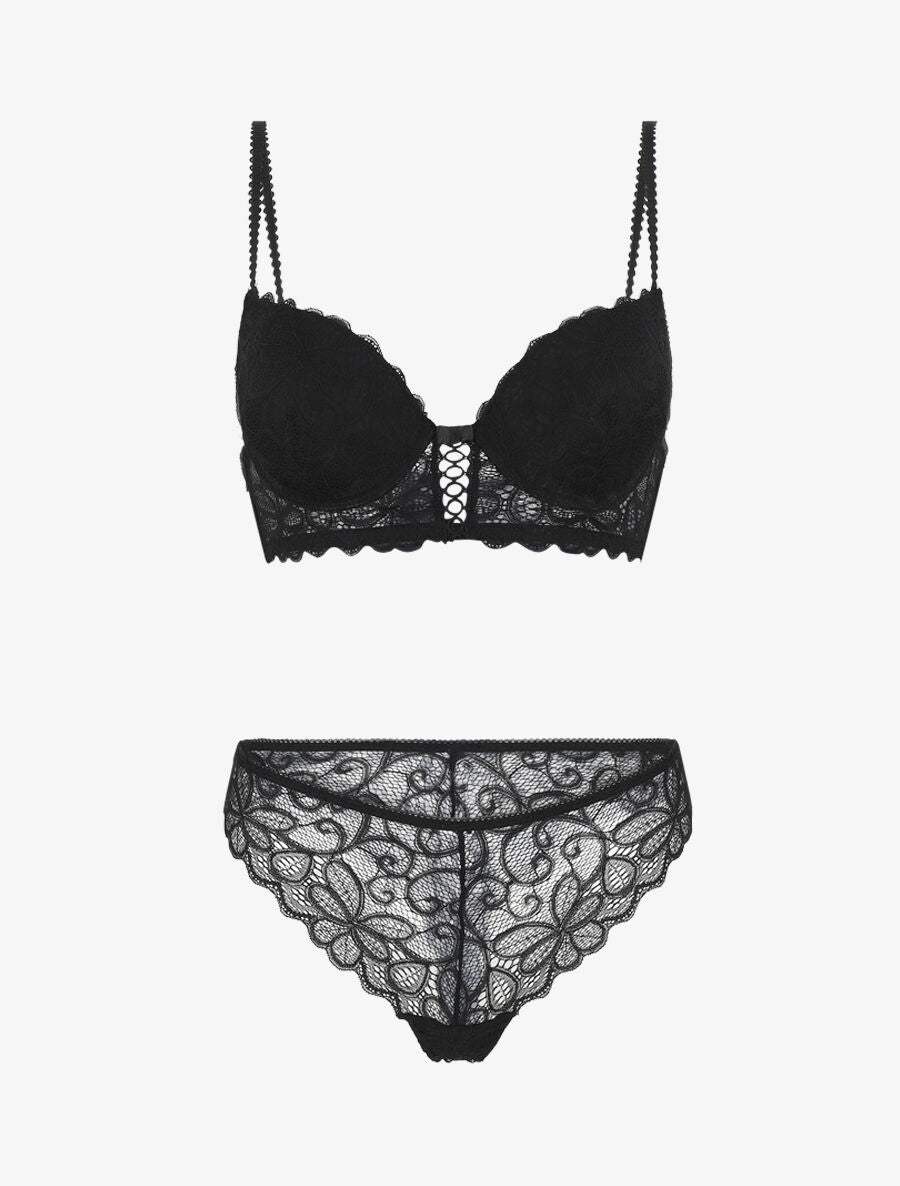 Ensemble soutien-gorge push up et tanga en dentelle - Noir - 1