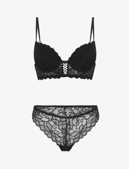 Ensemble soutien-gorge push up et tanga en dentelle - Noir - 1