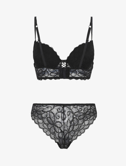 Ensemble soutien-gorge push up et tanga en dentelle - Noir - 2