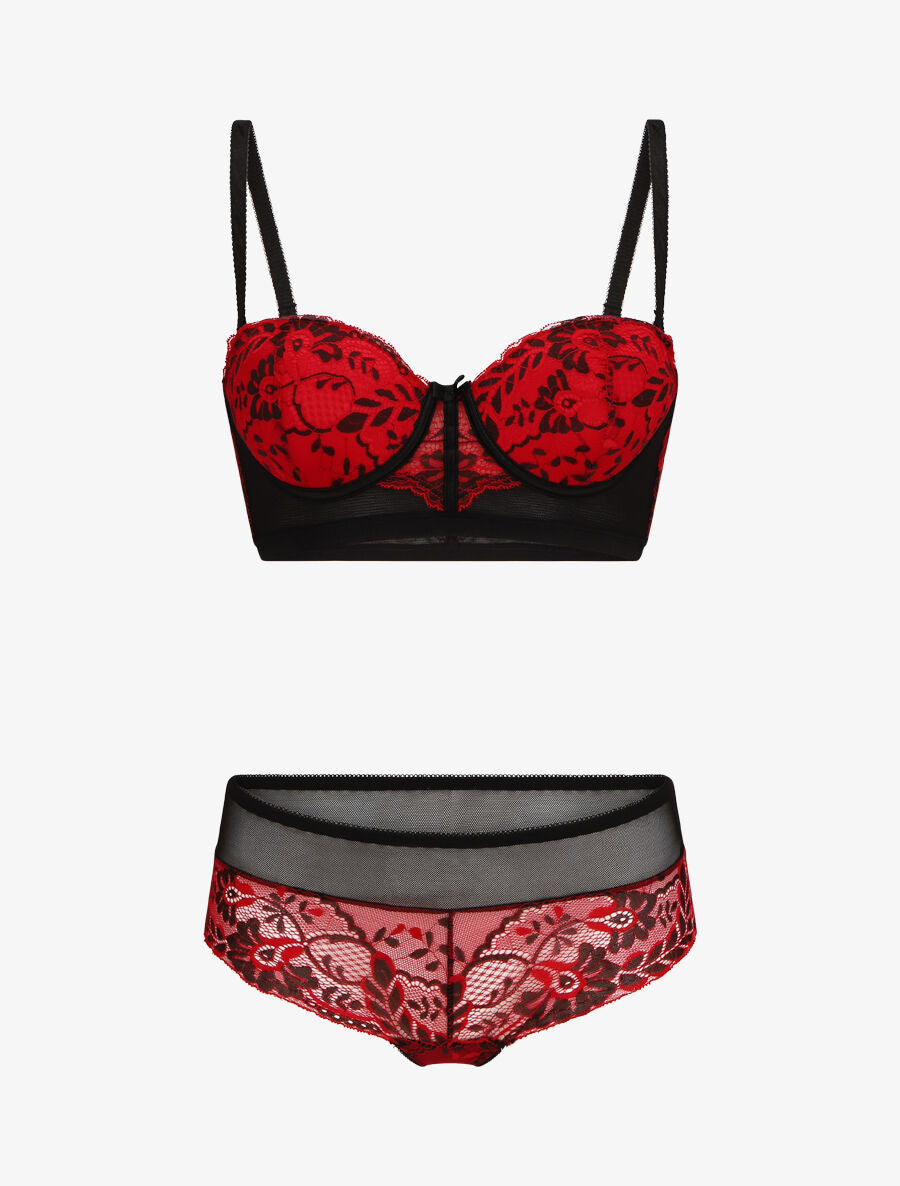 Ensemble push bicolore et shorty en dentelle - Rouge - 3