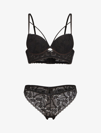 Ensemble lingerie en dentelle à liens - Noir - 1