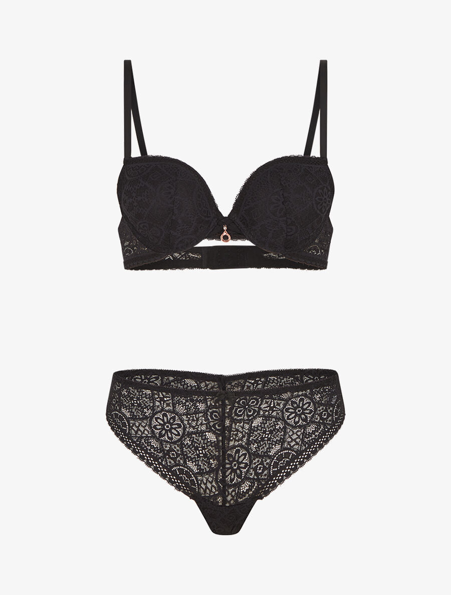 Ensemble soutien-gorge et tanga ajouré et bijoux strassé - Noir - 1