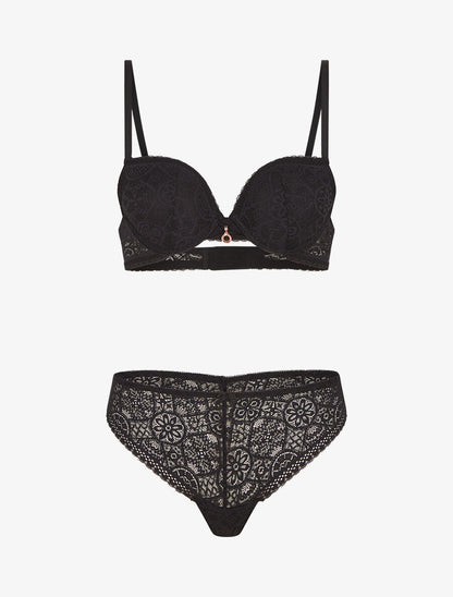 Ensemble soutien-gorge et tanga ajouré et bijoux strassé - Noir - 1