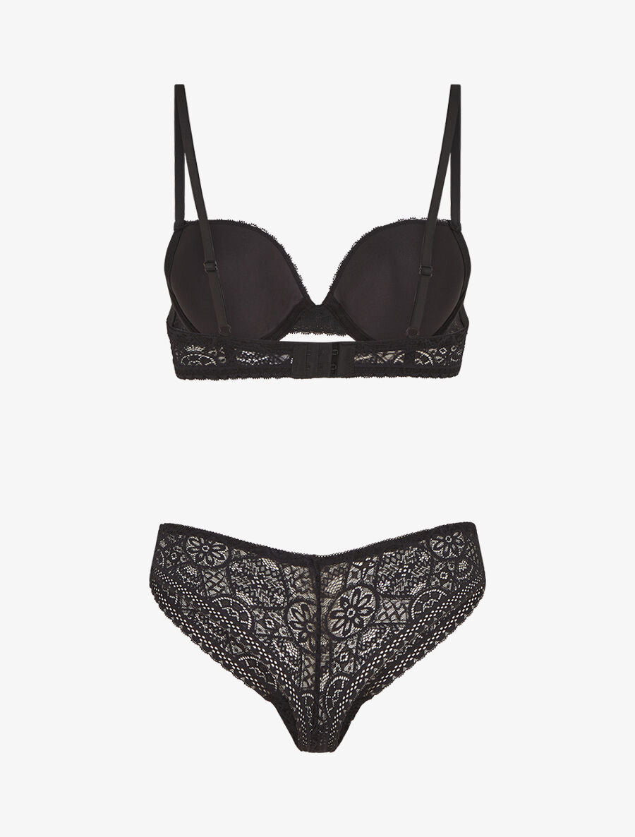 Ensemble soutien-gorge et tanga ajouré et bijoux strassé - Noir - 2