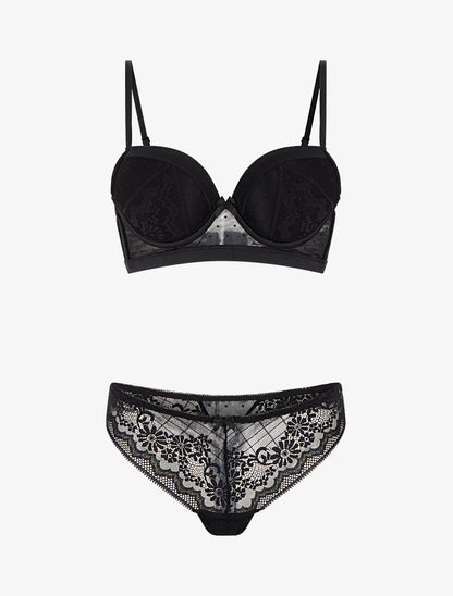 Ensemble soutien-gorge et tanga ajouré à détail satiné - Noir - 1