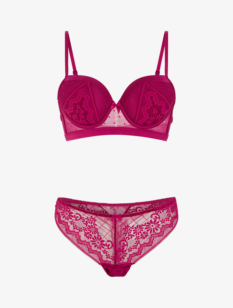 Ensemble soutien-gorge et tanga ajouré à détail satiné - Fushia - 1