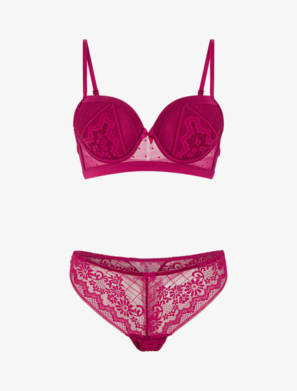 Ensemble soutien-gorge et tanga ajouré à détail satiné - Fushia - 1
