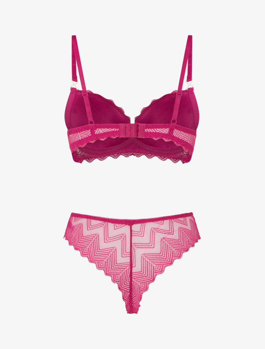 Ensemble soutien-gorge et tanga ajouré à bijoux strassés - Fushia - 2