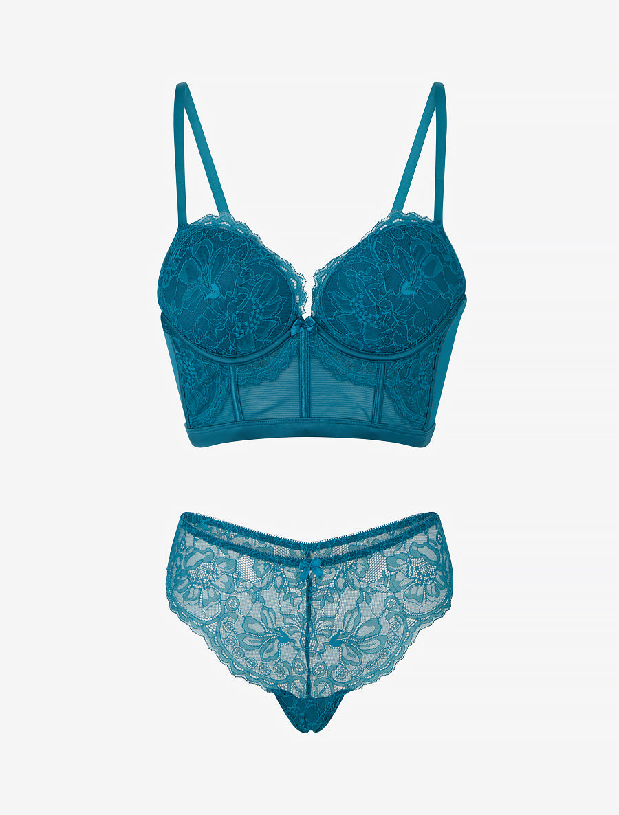 Ensemble lingerie style corset à dentelle fleurie - Bleu canard - 1