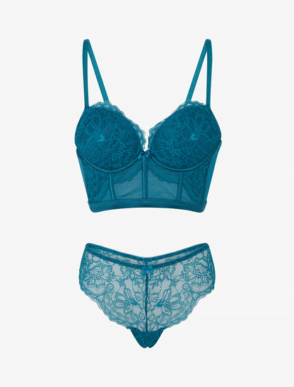 Ensemble lingerie style corset à dentelle fleurie - Bleu canard - 1