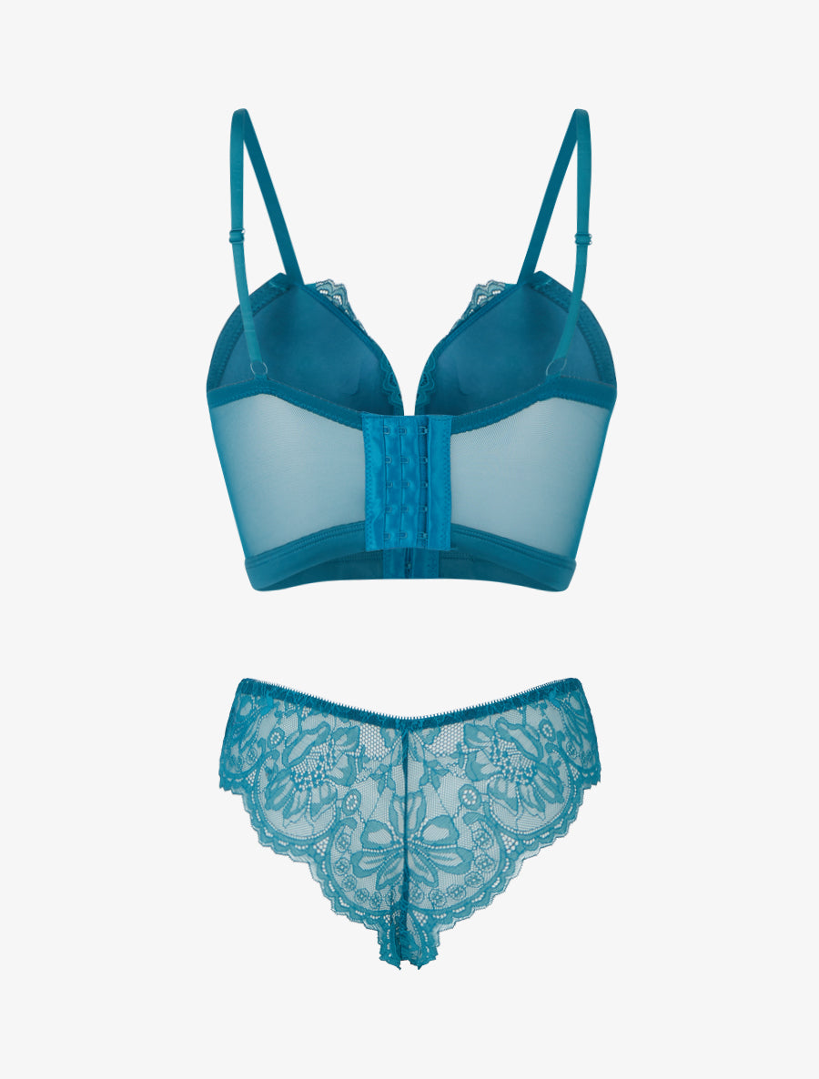 Ensemble lingerie style corset à dentelle fleurie - Bleu canard - 2