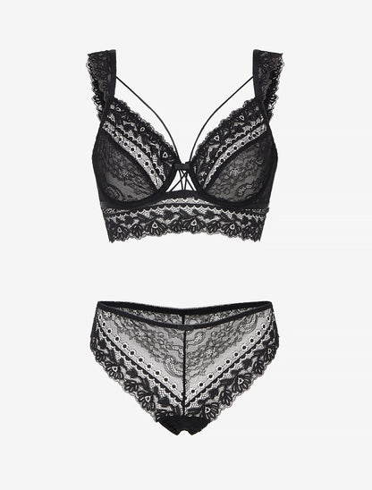 Ensemble lingerie en dentelle à liens - Noir - 1