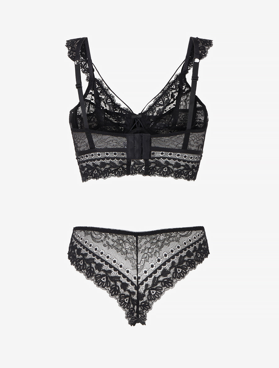 Ensemble lingerie en dentelle à liens - Noir - 2