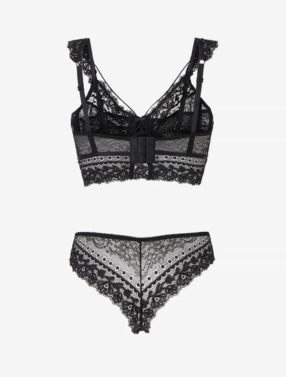 Ensemble lingerie en dentelle à liens - Noir - 2